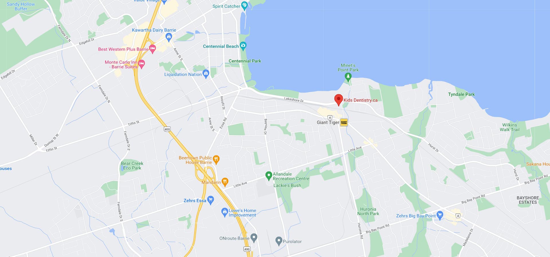 Map showing Kids Dentistry Barrie at 300 Lakeshore Dr. Suite 200, Barrie, ON L4N 0B4